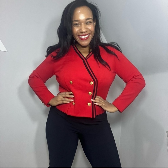 Vintage Sweaters - Vintage red double breasted knit cardigan wool sweater Medium preppy military